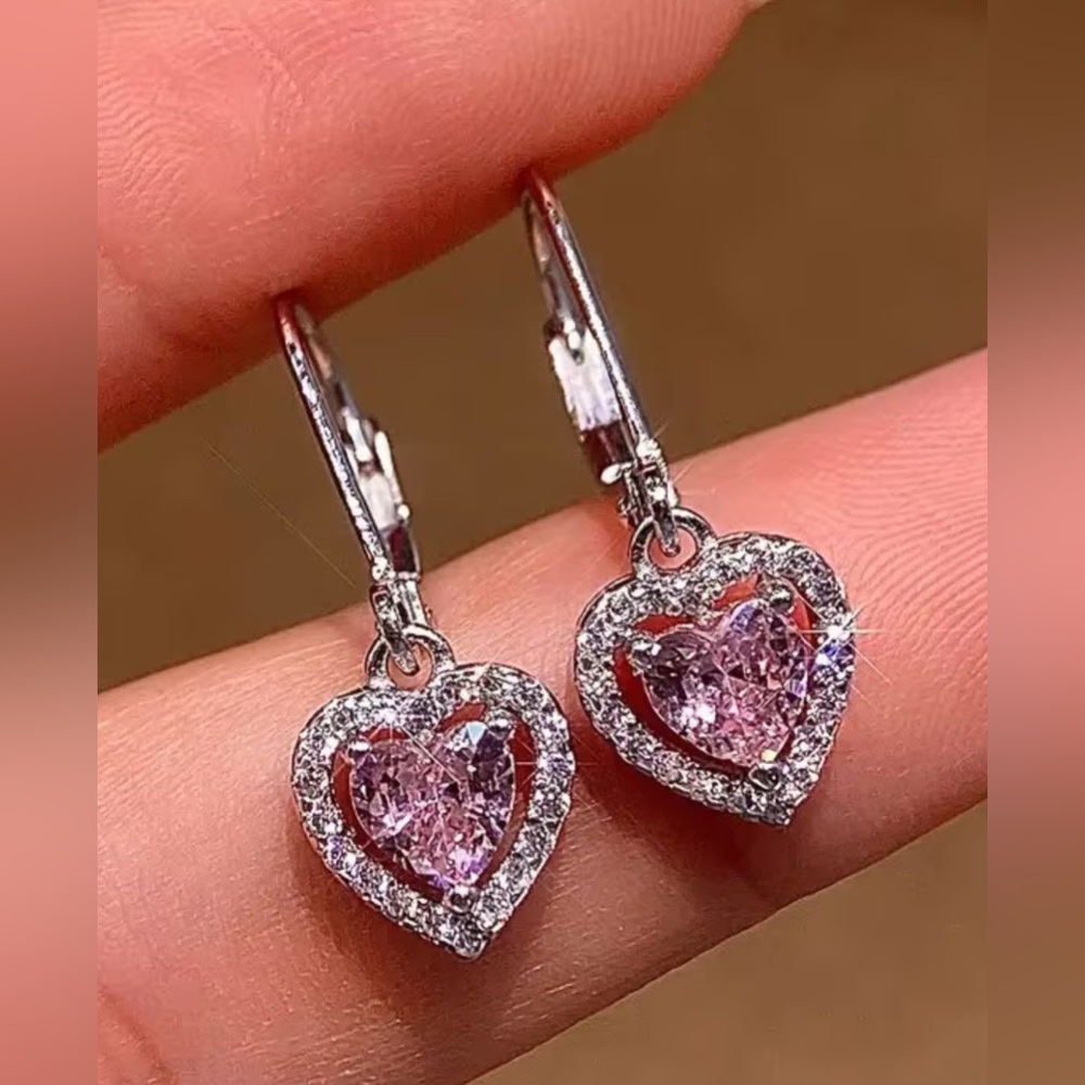Heart Drop Earrings - Pink Center Stone